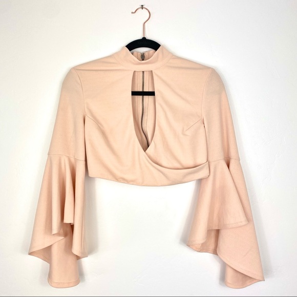 Seek Tops - Seek the Label Blush Pink Bell Sleeve Mock Neck Keyhole Full Zip Wrap Crop Top